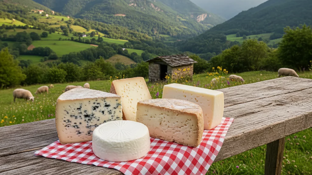 imagen de unos quesos artesanos elaborados con distintos tipos de leche en medio de un valle en Asturias España