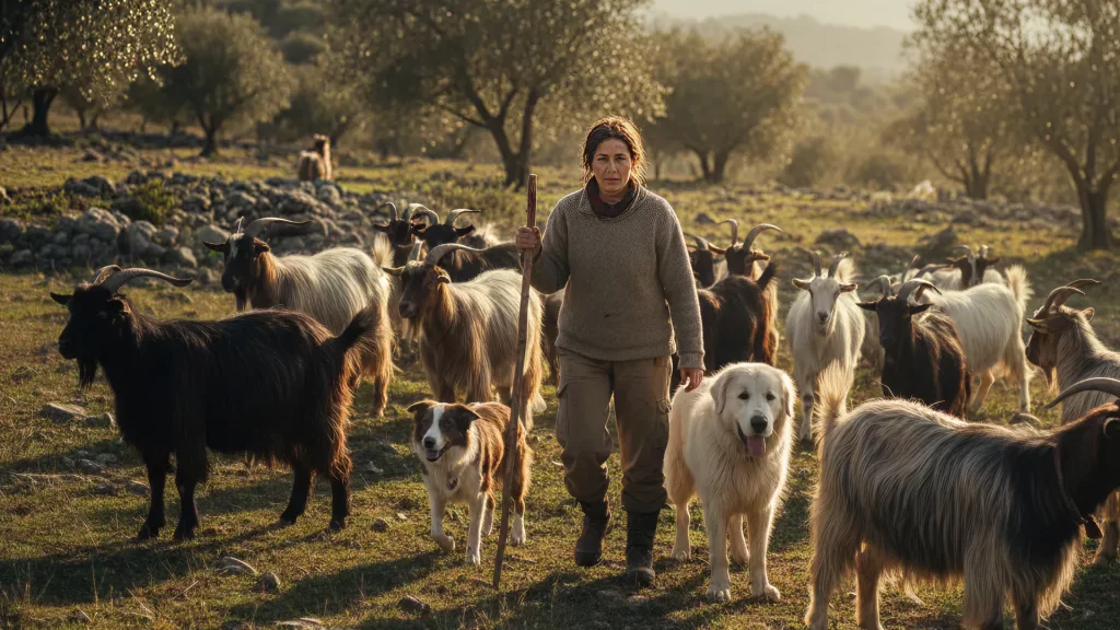 Imagen de una pastora con su perro pastor en el campo asturiano