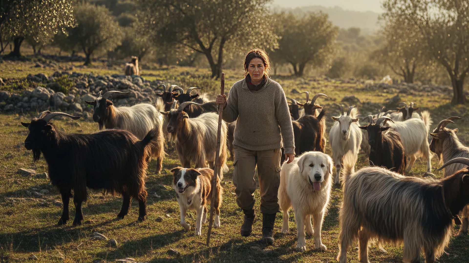 Imagen de una pastora con su perro pastor en el campo asturiano