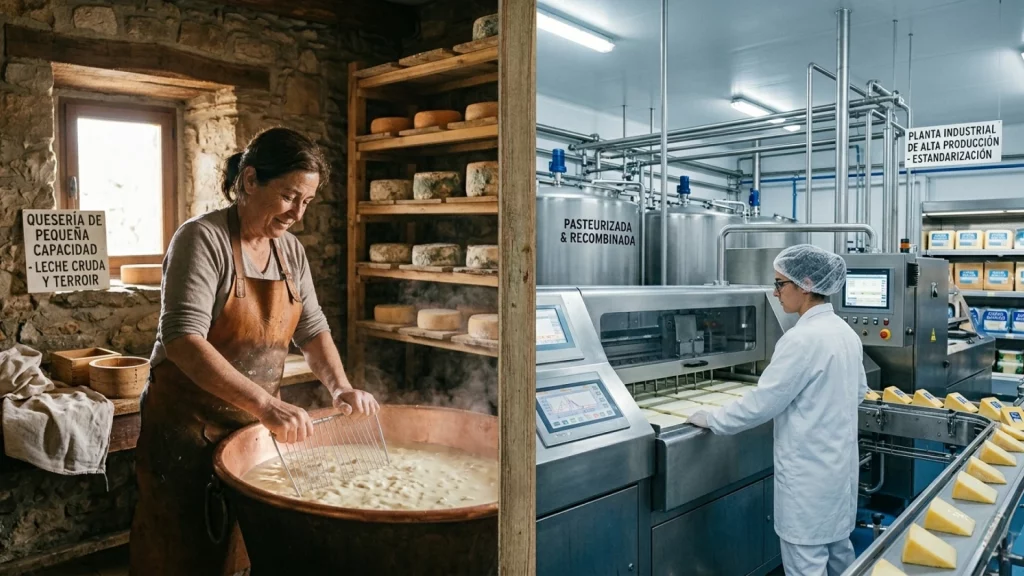 Imagen que representa las distintas formas de elaboración del queso: queso artesano vs queso insdustrial
